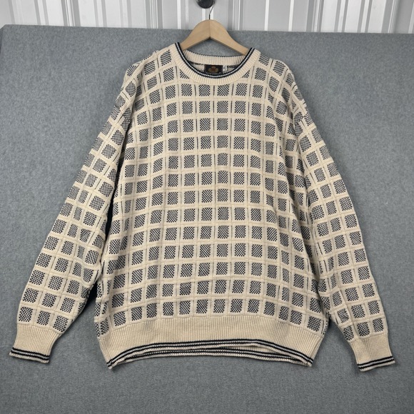 Vintage Sedgefield Sweater Mens XL Cream Navy Windowpane Crewneck USA 90s NEW